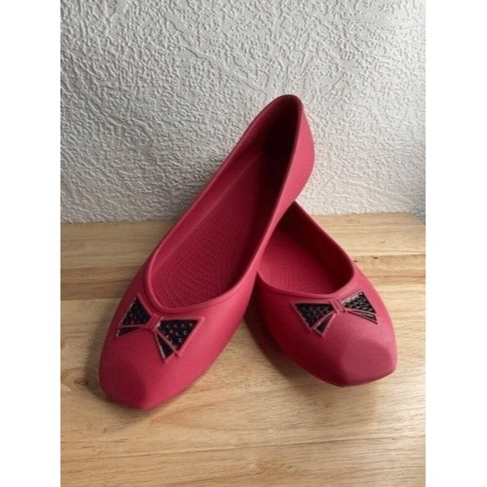 Crocs Hot Pink Tie/Bow Print Square‎ Toe Slip On Ballet Flats Women Size 10